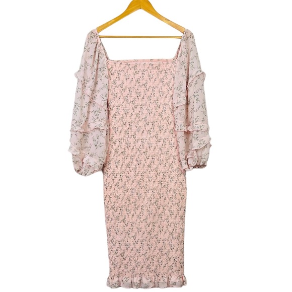 Two Sisters Label Midi Dress Shirred Stretch Bodycon Pink Floral Cocktail Size 8 - Picture 7 of 13